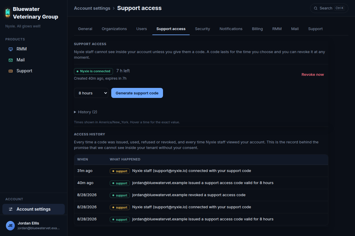 Support access settings showing an active code, its expiry and the access history